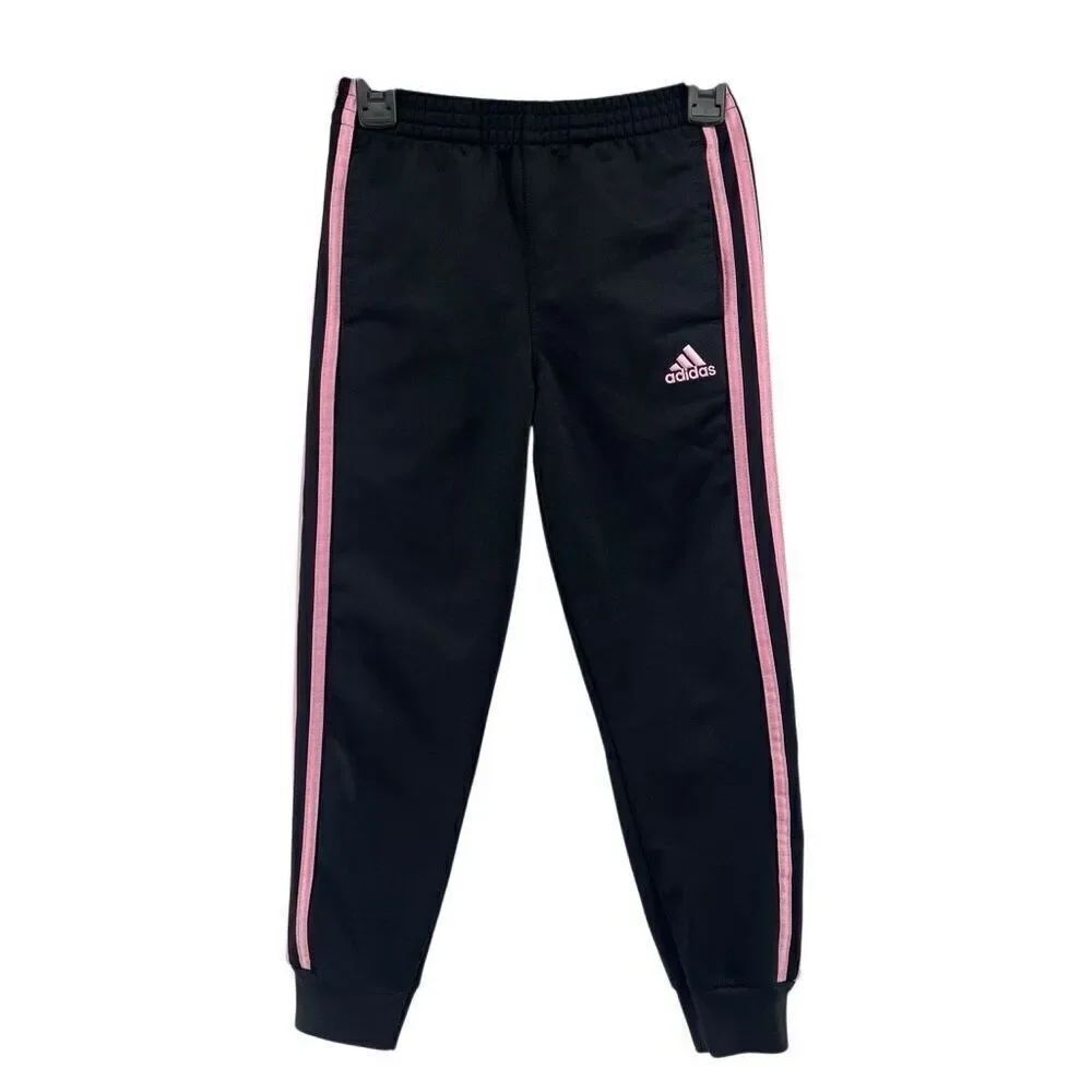 Adidas Girls Tricot Joggers Black Pink 3-Stripes Size 6